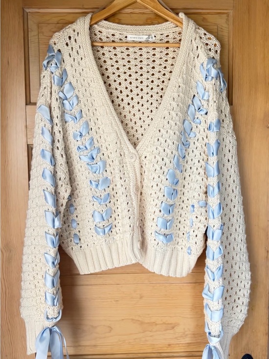 Altar'd State Sweaters - Altar’d State Cream Open Knit Cardigan Blue Ribbon Lace-Up Boho